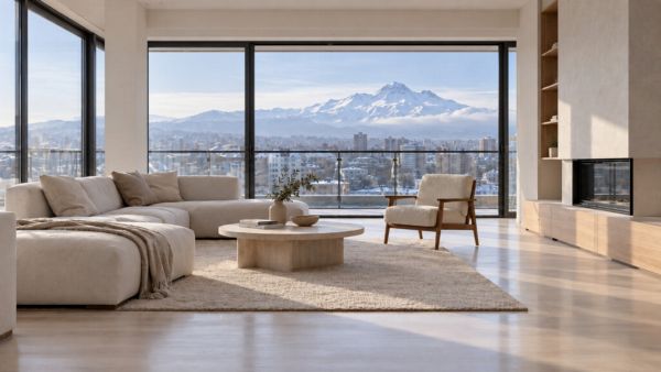 Taşınma temizliği yapılmış boş ve aydınlık salon, pencerede Erciyes