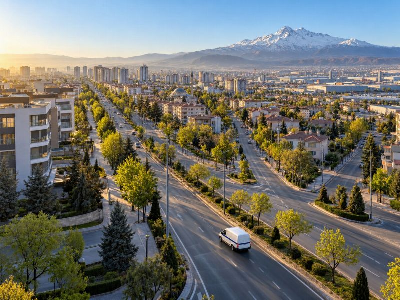 Kayseri'de ağaçlı caddelerde ilerleyen beyaz temizlik minibüsü, farklı mahallelere ayrılan yollar ve arkada karlı Erciyes Dağı
