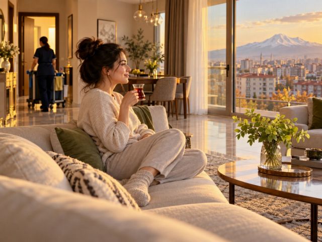 Temiz salonda sehpada çay, pencerede Erciyes